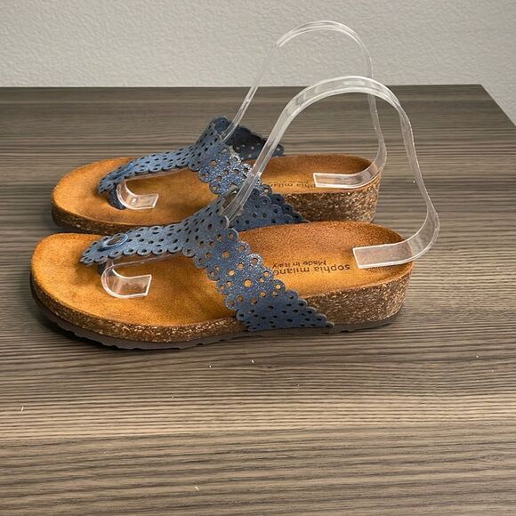 Sophia Milano Made in Italy Genuine Leather Flip Flop Sandals Metallic Blue 6.5 - Picture 1 of 6